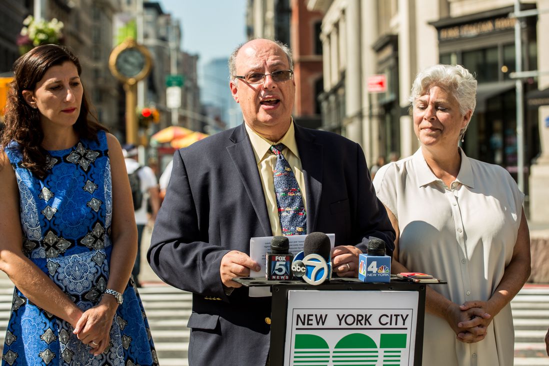 New York DOT Manhattan Borough Commissioner Luis Sanchez announces the opening of the new Shared Streets zone.</br>